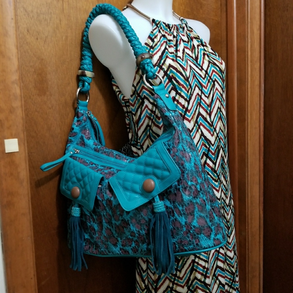 Sharif hobo shoulder bag teal green leopard tassel